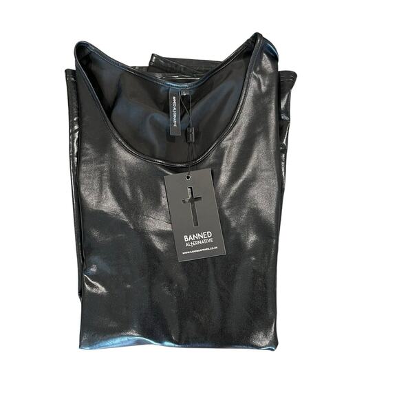 Banned Gothic Punk Faux Leather Mini Dress Minimal Goth Bat Sleeves Large NWT - Picture 6 of 6